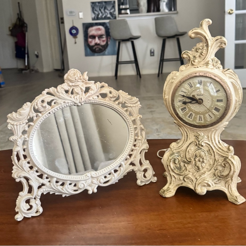 Vintage United Metal Clock Cast Iron Vanity Mirror French Country Set